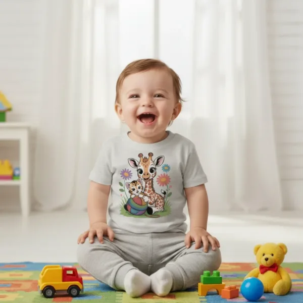 Giraffe and Kitten Playful Rainbow Yarn Short Sleeve Toddler Tshirt