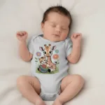 Cute Giraffe and Kitten Playful Rainbow Yarn Short Sleeve Bodysuit
