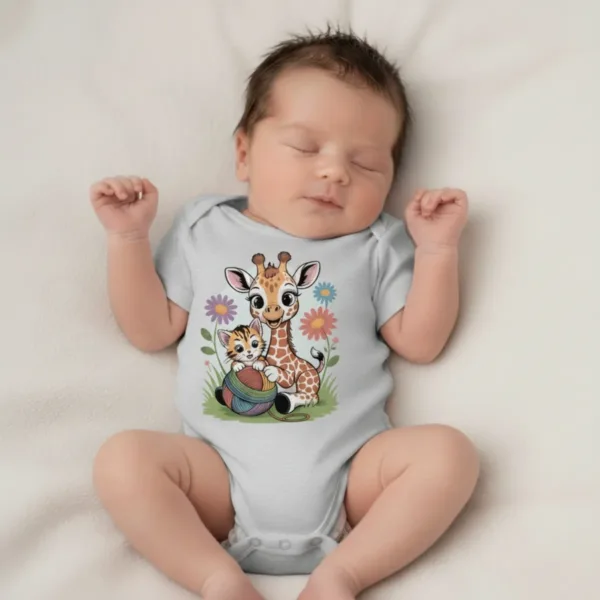 Cute Giraffe and Kitten Playful Rainbow Yarn Short Sleeve Bodysuit