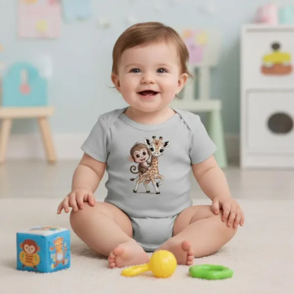 Cute Monkey Riding Giraffe Short Sleeve Bodysuit