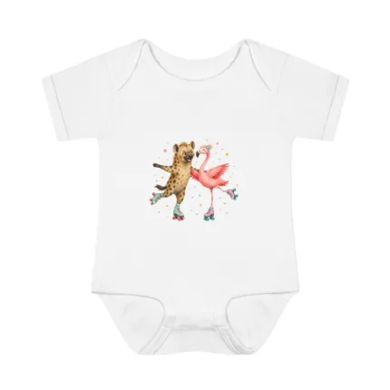 Hyena and Flamingo Roller Skating Together - Short Sleeve Bodysuit