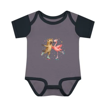 Hyena and Flamingo Roller Skating Together - Short Sleeve Bodysuit – 96731774511788698299 – primary front